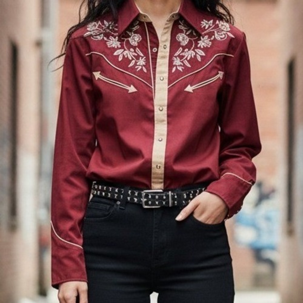 Ace of Diamond Western Shirt L Burgundy Embroidered Floral Pearl Snap Cowgirl